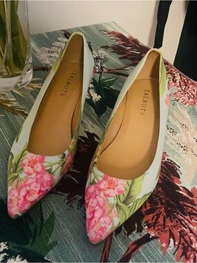 Talbot’s  Floral Pointed-Toe Kitten Heels in Hot Pinks & Robin’s Egg Blue